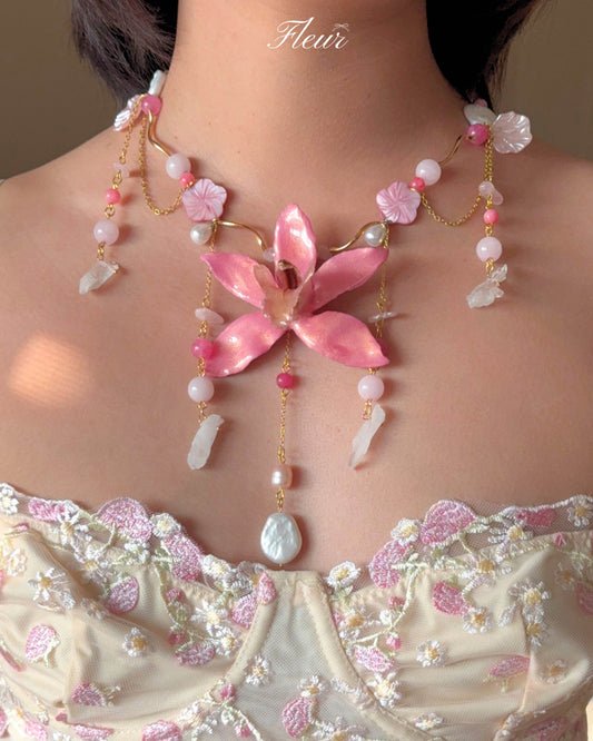 Rose Quartz Orchid Symphony Necklace