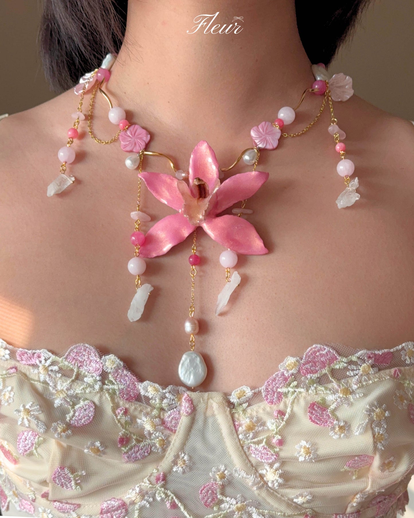 Rose Quartz Orchid Symphony Necklace
