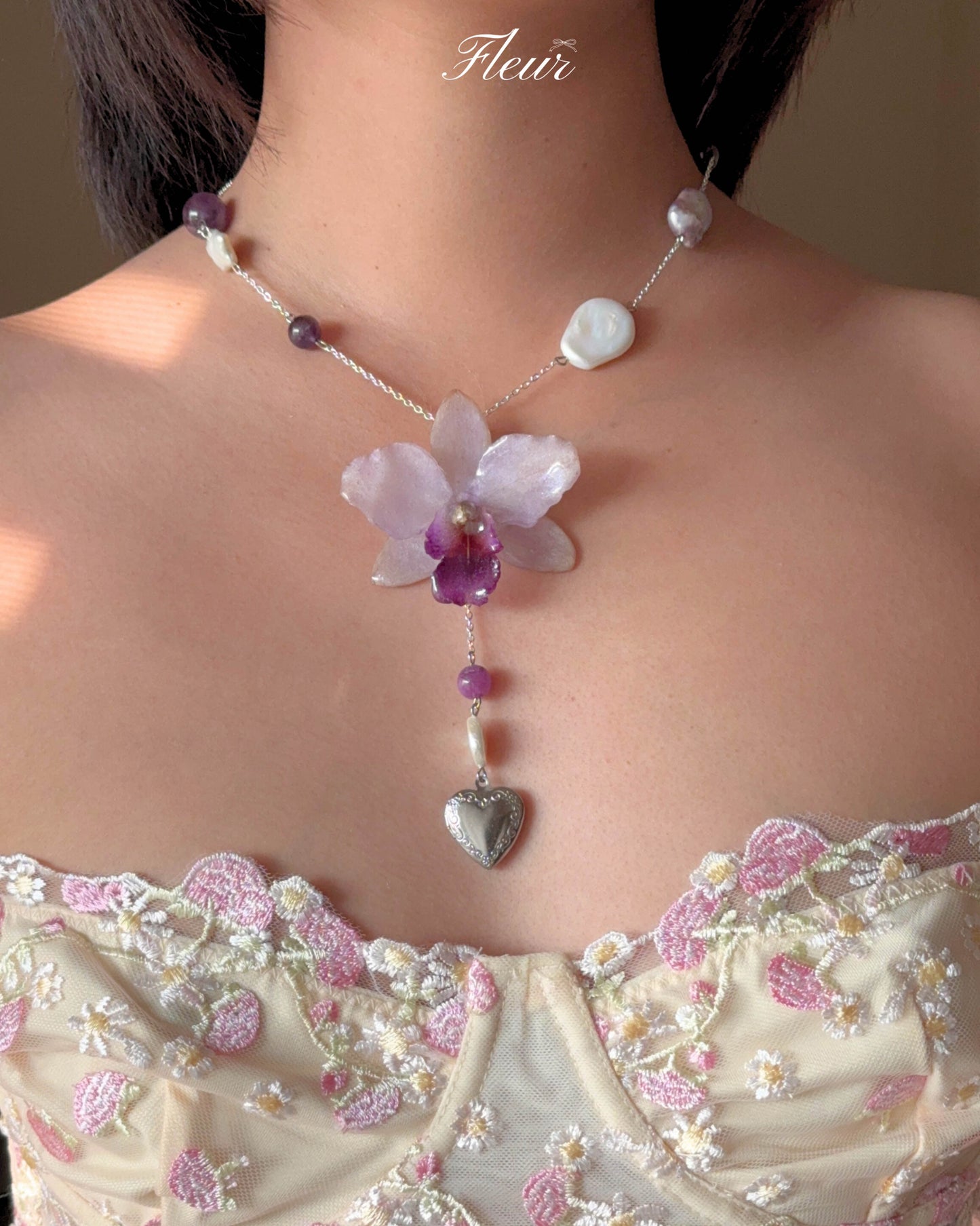 Lavender Orchid Locket Necklace