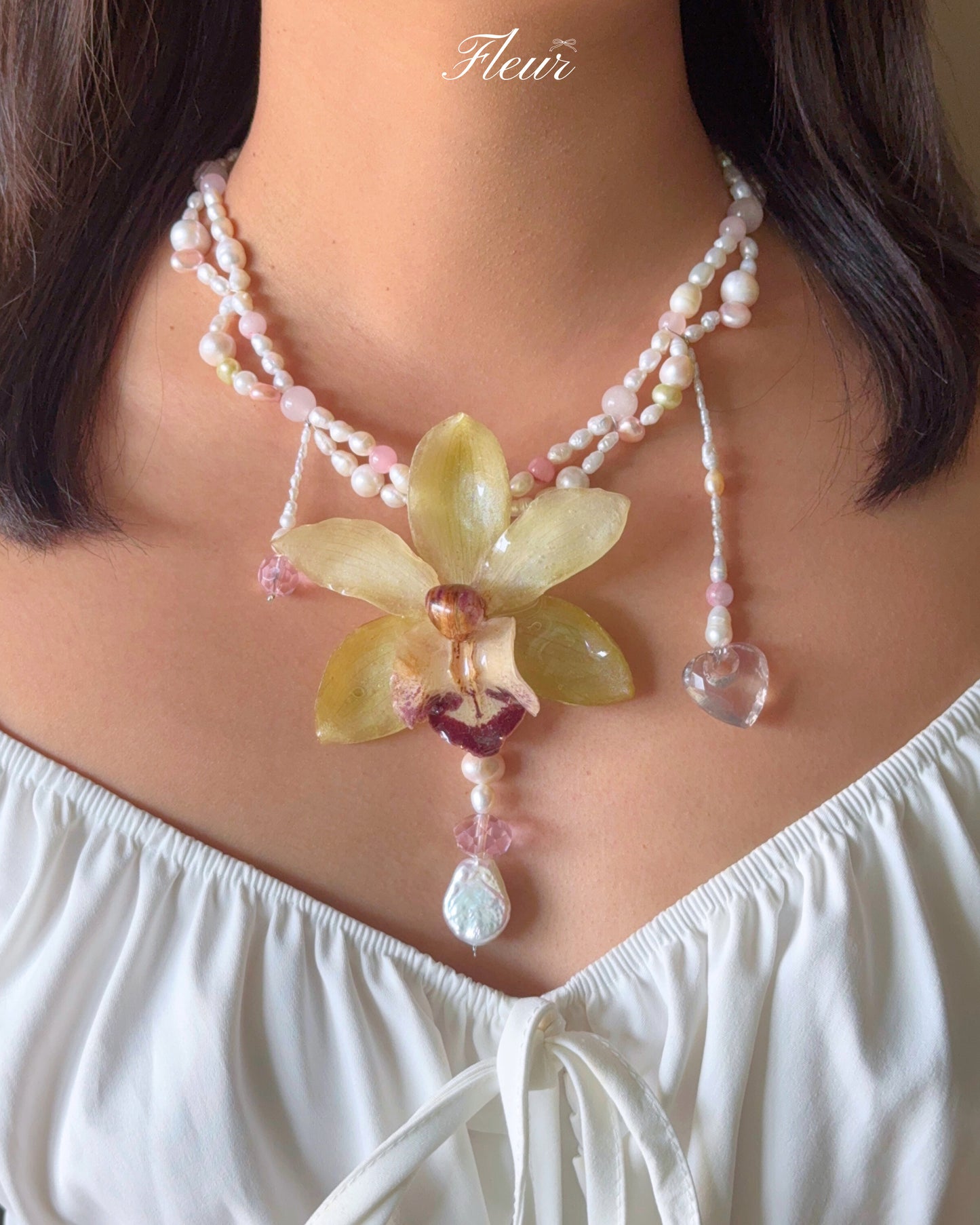 Celadon Orchid Pearl Necklace | Handmade Floral Jewelry