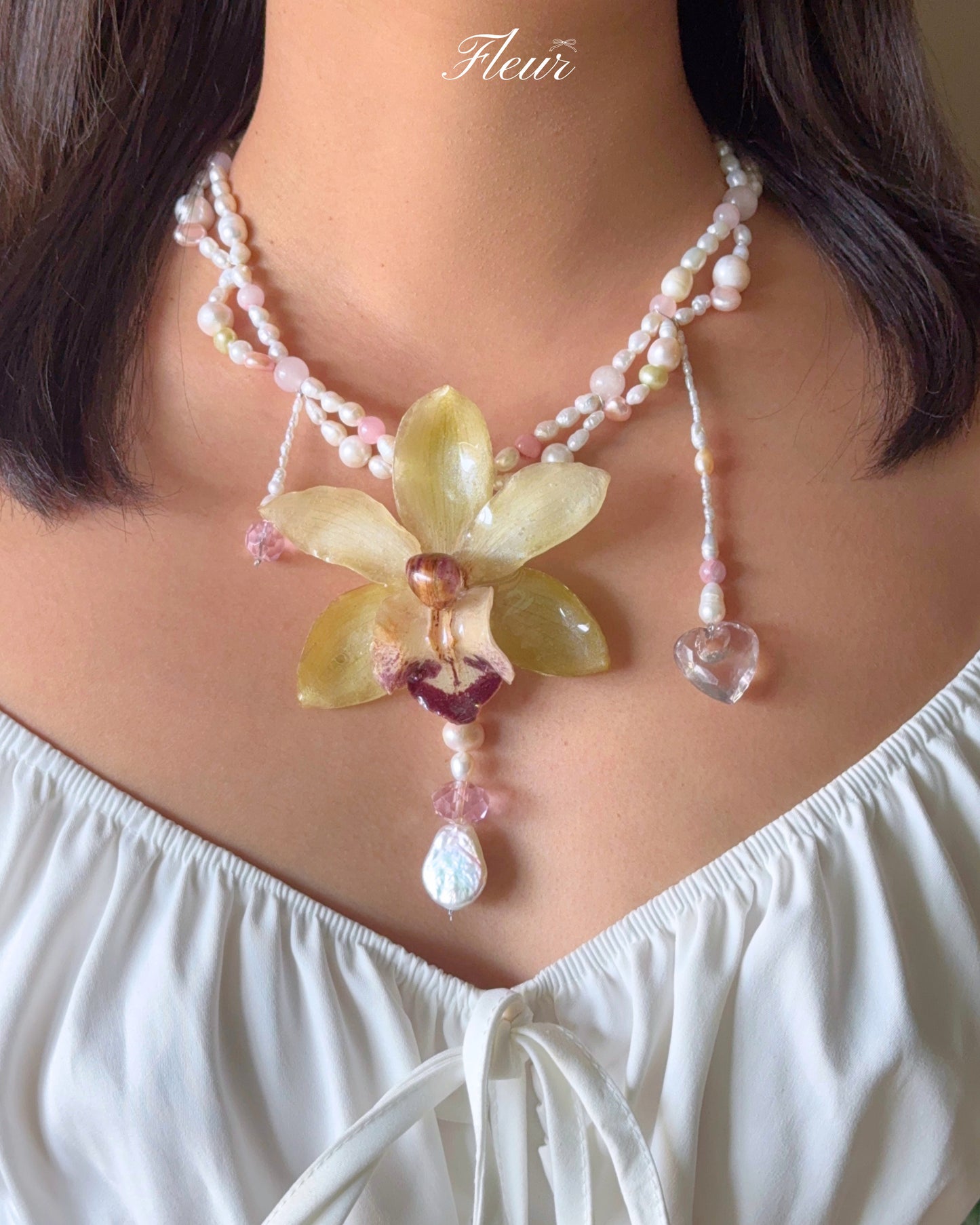 Celadon Orchid Pearl Necklace | Handmade Floral Jewelry