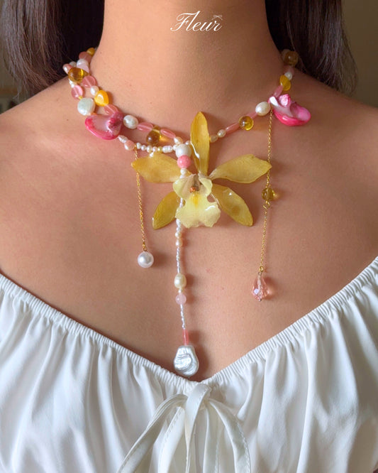 Pink Honey Orchid Pearl Nevklace  | Handmade Floral Jewelry