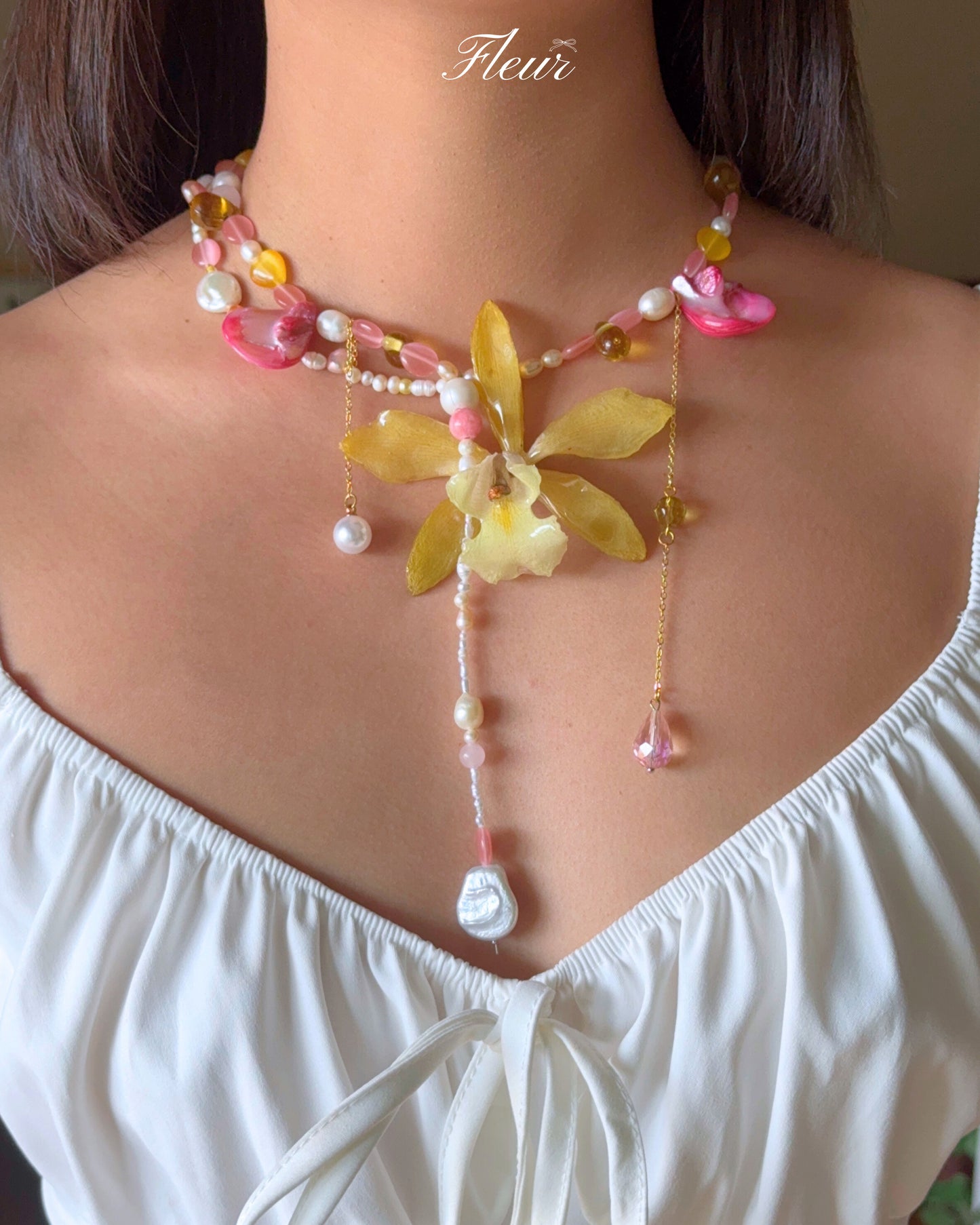 Pink Honey Orchid Pearl Nevklace  | Handmade Floral Jewelry