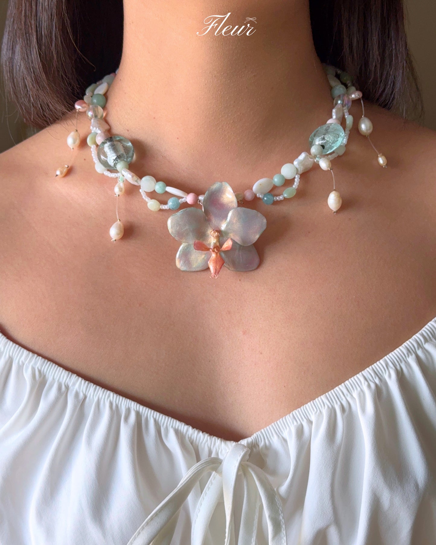 Sky Blue Orchid Pearl Necklace | Handmade Floral Jewelry