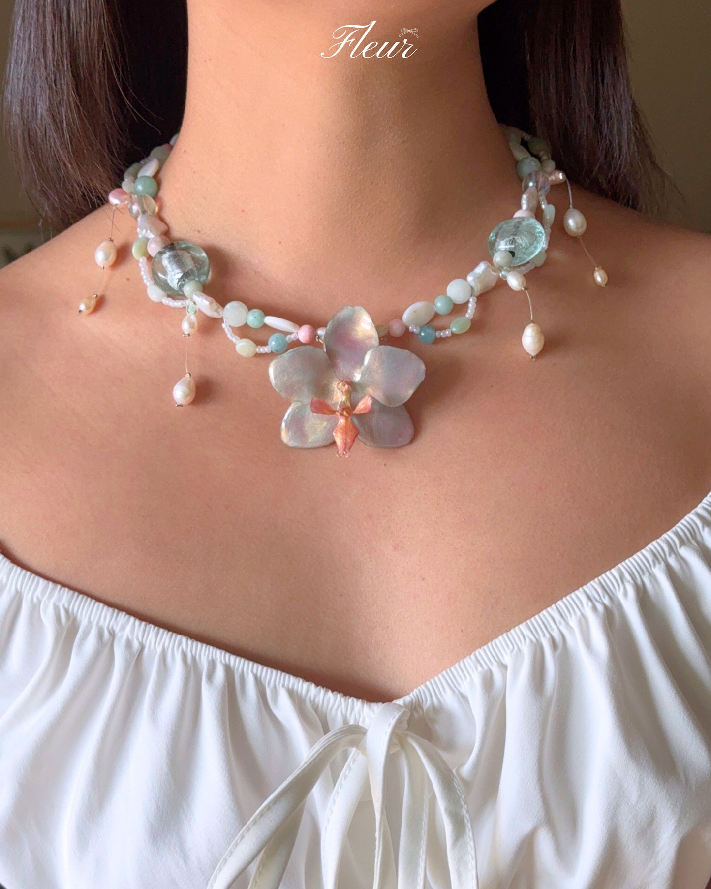 Sky Blue Orchid Pearl Necklace | Handmade Floral Jewelry