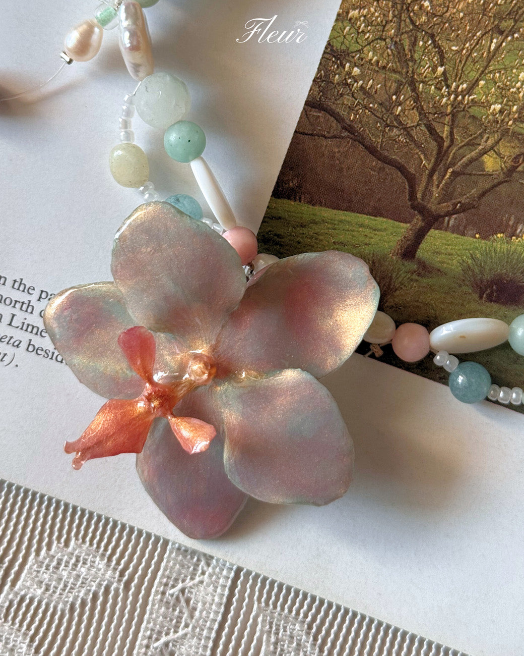 Sky Blue Orchid Pearl Necklace | Handmade Floral Jewelry