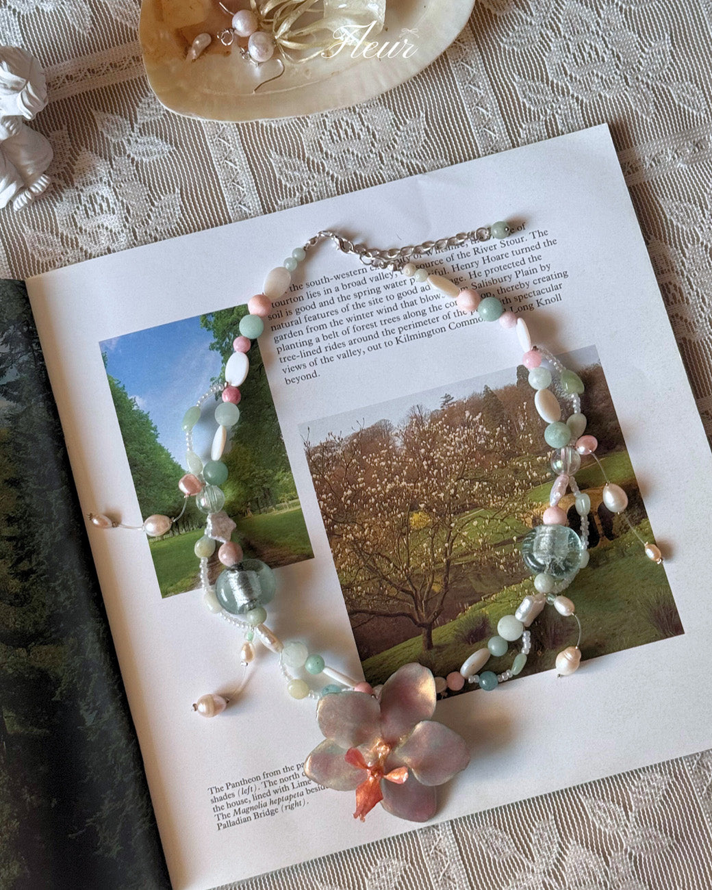 Sky Blue Orchid Pearl Necklace | Handmade Floral Jewelry